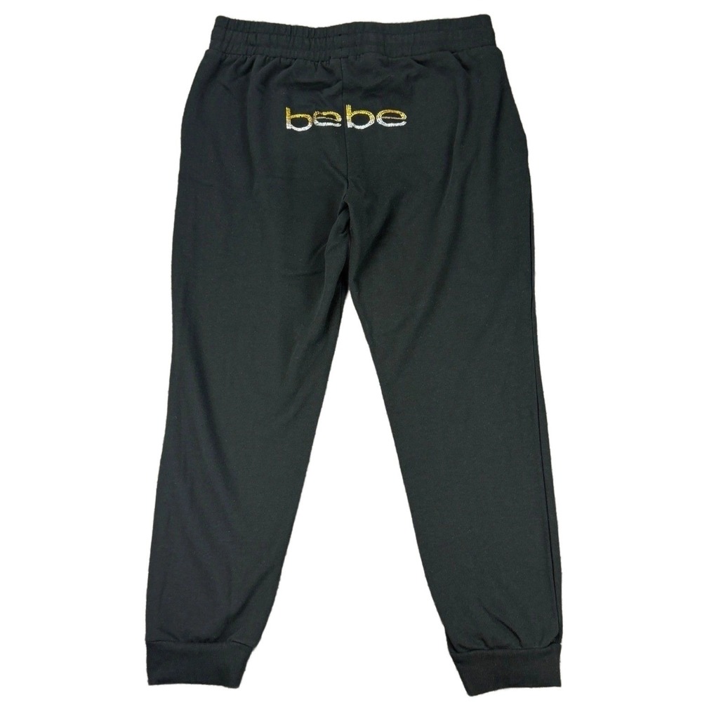 Y2K Bebe Womens L W30 L25‎ Black Jogger Sweatpants Rhinestone Logo Drawstring